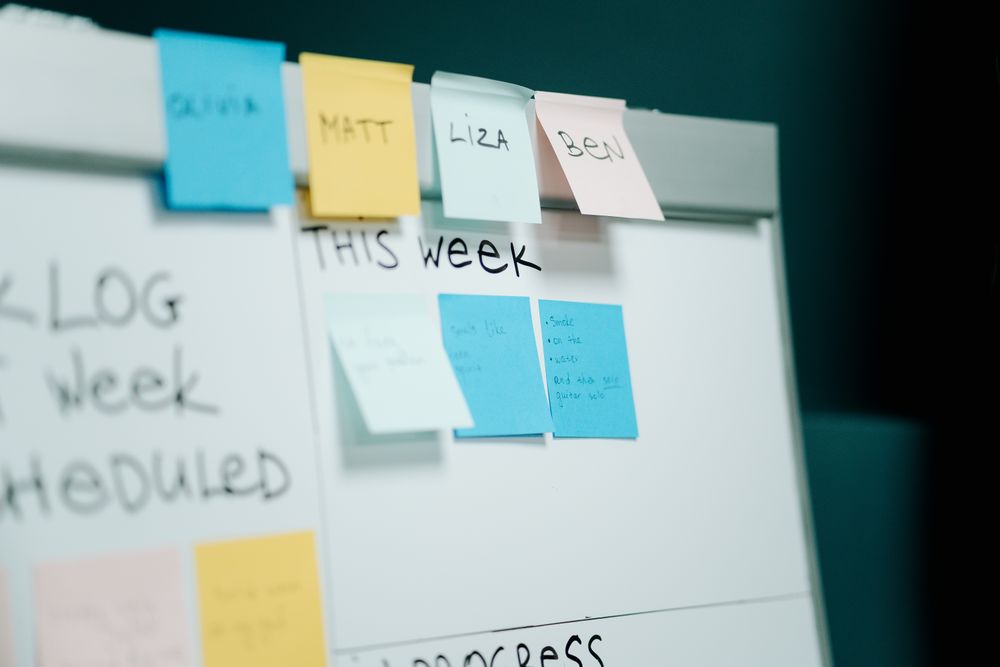Sticky notes on a weekly planning whiteboard